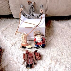BUNDLE OF 4🎄WESTERN CHRISTMAS TREE SANTA COWBOY SADDLE BOOT HORSESHOE ORNAMENTS